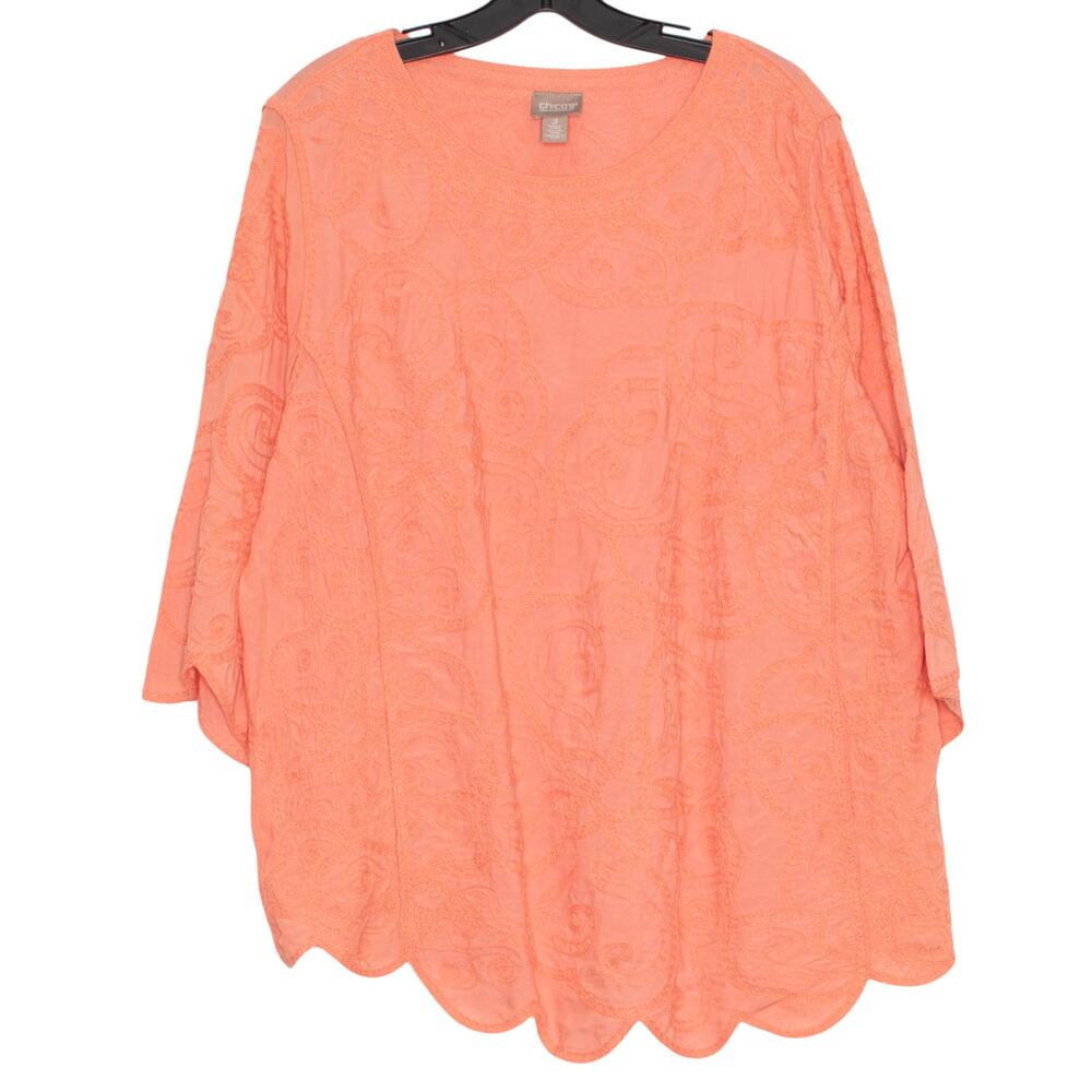 Chicos Embroidered Tunic Top Coral 3 XL 3/4 Sleeve Sheer Scalloped Boho Coastal